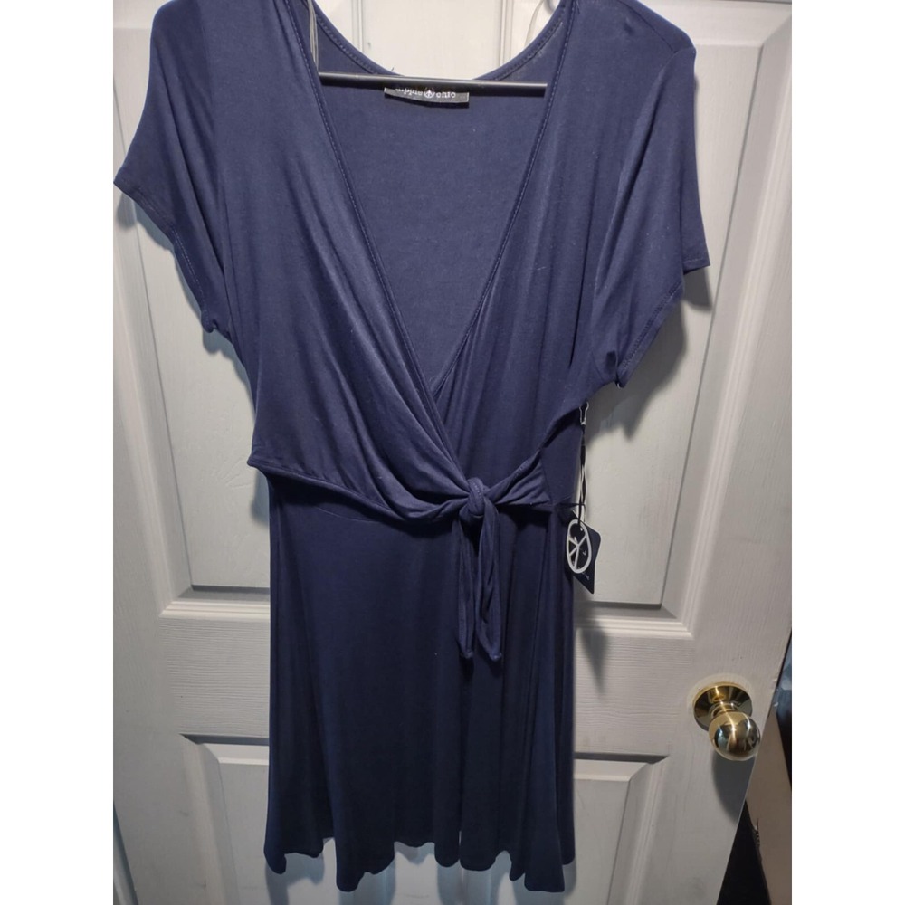 Hippie‎ Chic Navy Blue Wrap Front Tie Knot V-Neck Short Sleeve Dress NWT